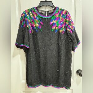 Vintage Jewel Queen Black Beads and Sequins, 100% Pure Silk, A6